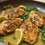 Lemon Garlic Chicken Skillet dish garnished with herbs and lemon slices