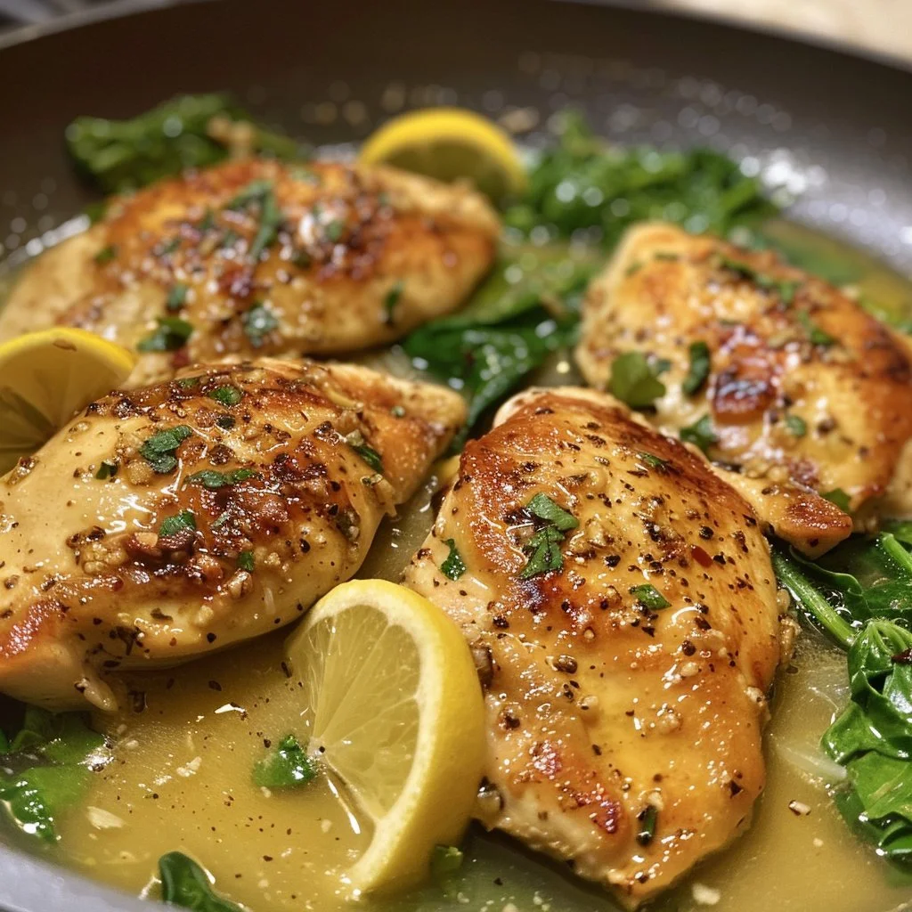Lemon Garlic Chicken Skillet dish garnished with herbs and lemon slices