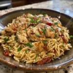 Marry Me Chicken Orzo Recipe served on a plate with sauce and herbs