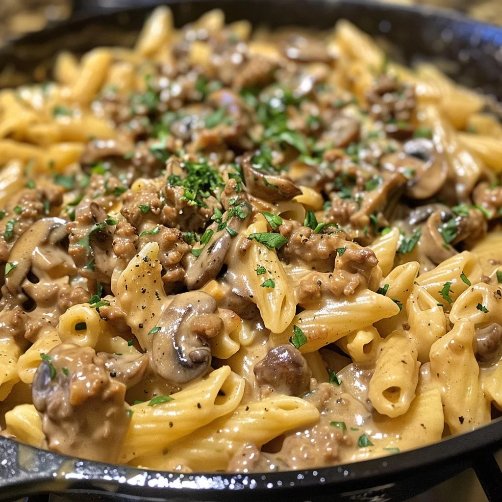 One-Pot Creamy Beef Stroganoff Pasta with mushrooms and noodles