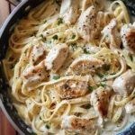 One-Pot Garlic Chicken Alfredo served in a bowl with herbs and parmesan cheese