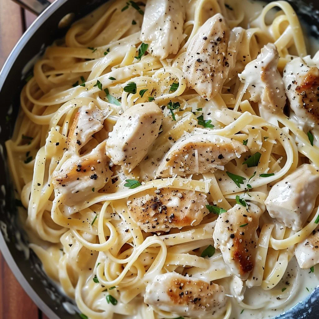 One-Pot Garlic Chicken Alfredo served in a bowl with herbs and parmesan cheese