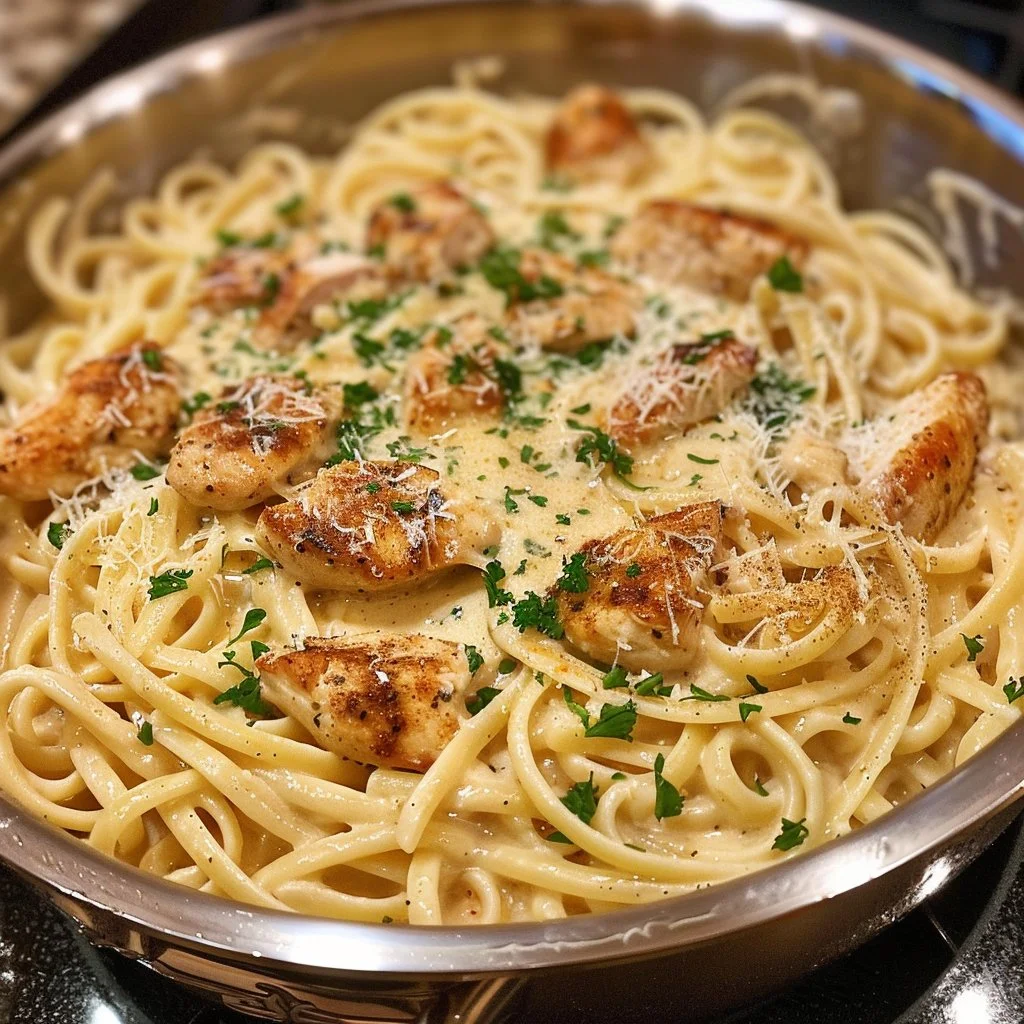 One-pot spicy Cajun Chicken Alfredo served in a bowl with herbs and spices