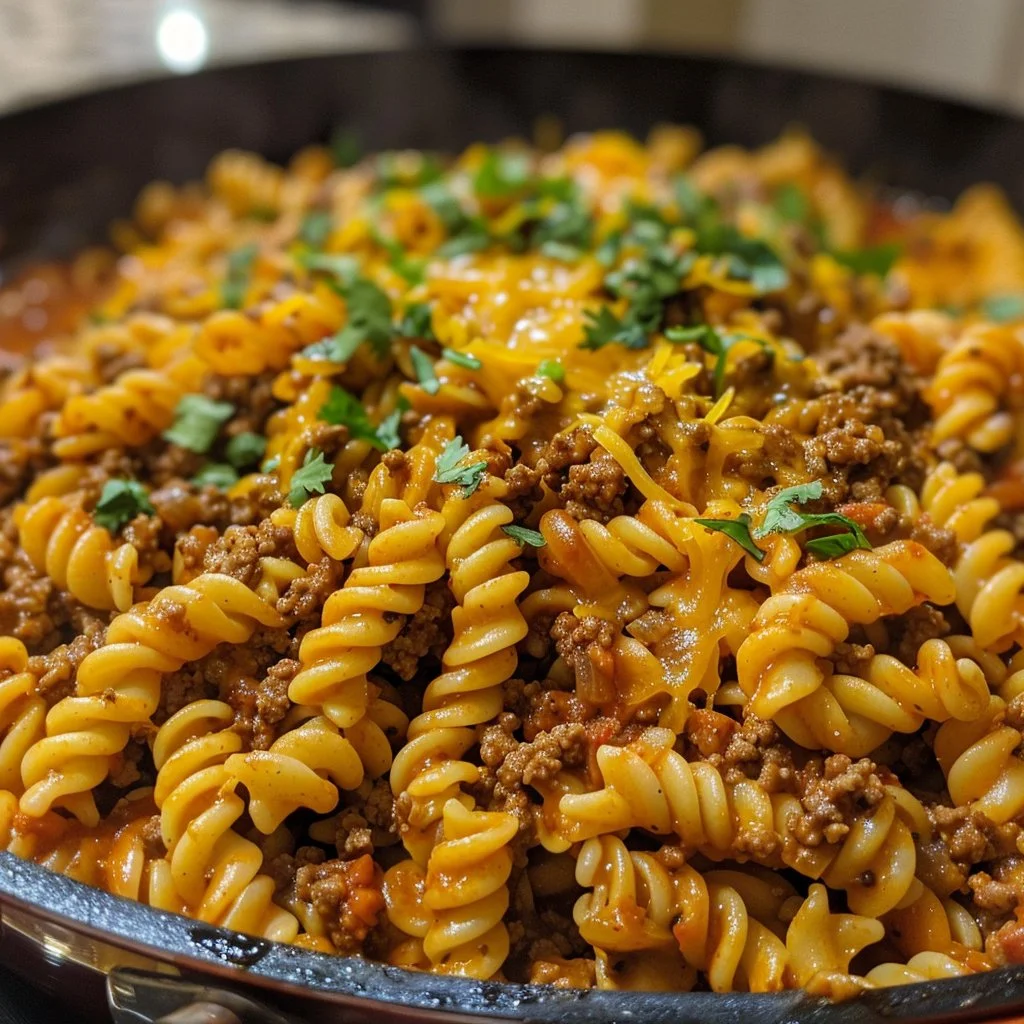 One-Pot Taco Pasta with Ground Beef and Cheese served in a bowl