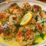 Piccata-Style Chicken Meatballs served with lemon and capers on a plate.