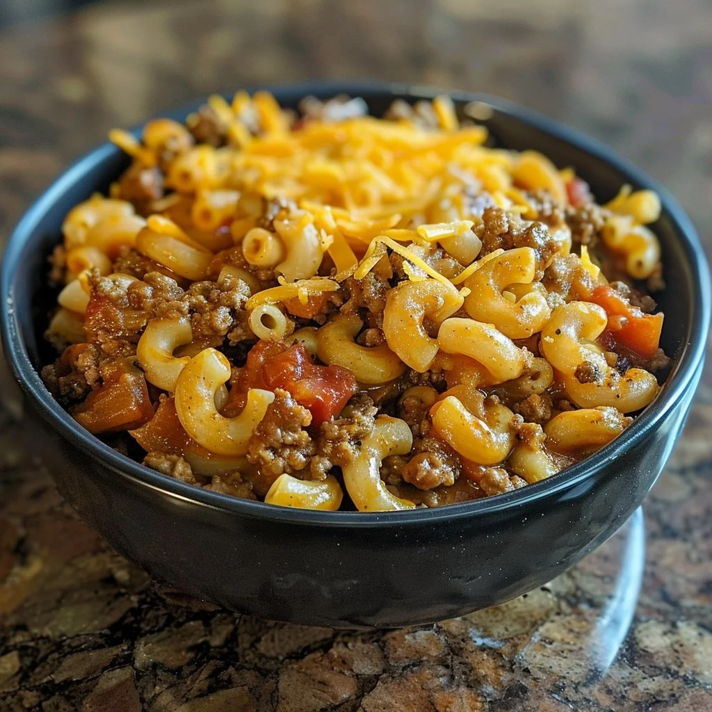 Quick Chili Mac dish with ground beef and cheddar cheese