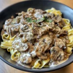 Bowl of Russian Beef Stroganoff with creamy sauce over pasta
