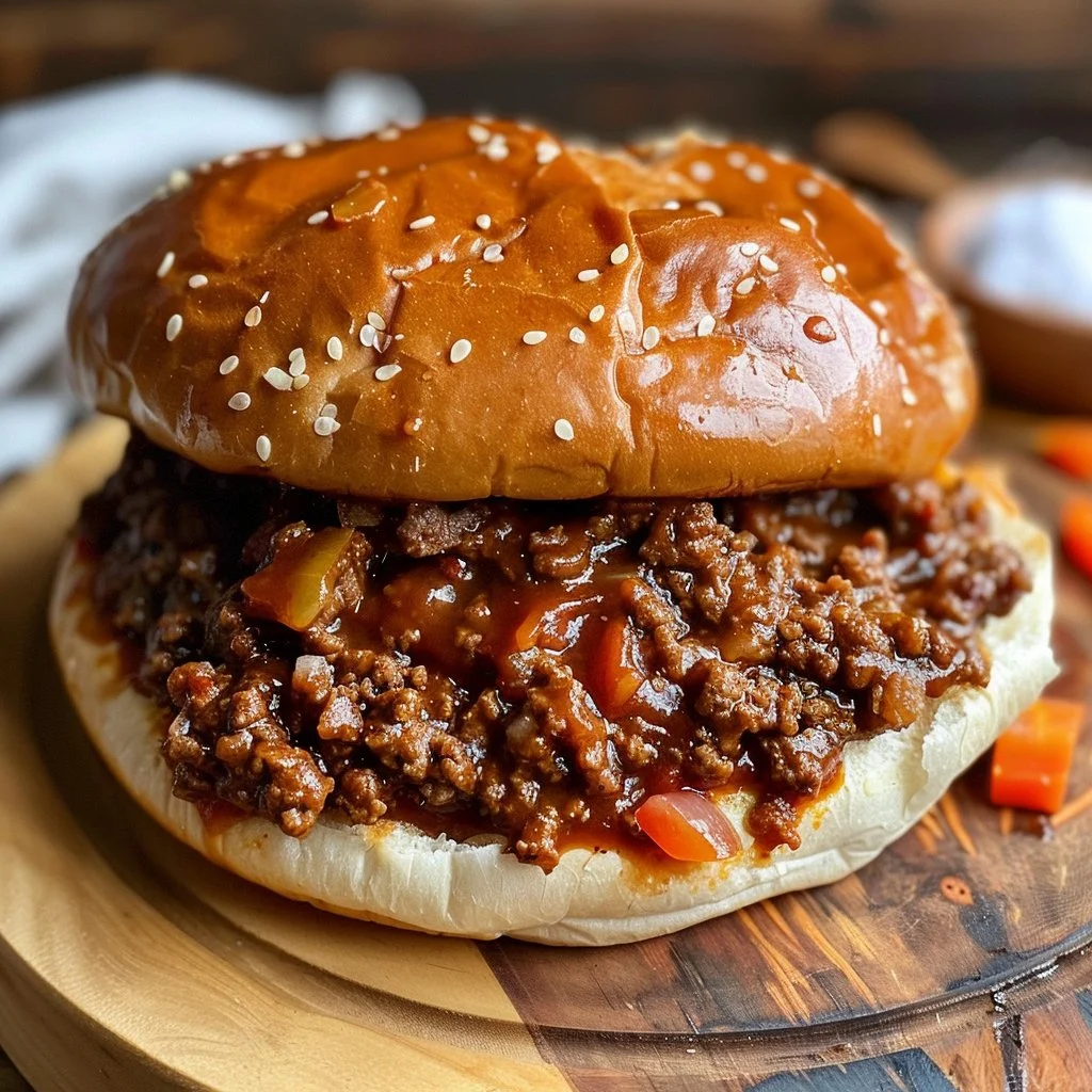 Smoky barbecue sloppy joes topped with ground beef on a bun