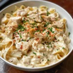 Delicious Spicy Cajun Chicken Alfredo served in a bowl with fresh herbs.