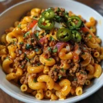 Spicy chili mac with jalapeños and beef served in a bowl