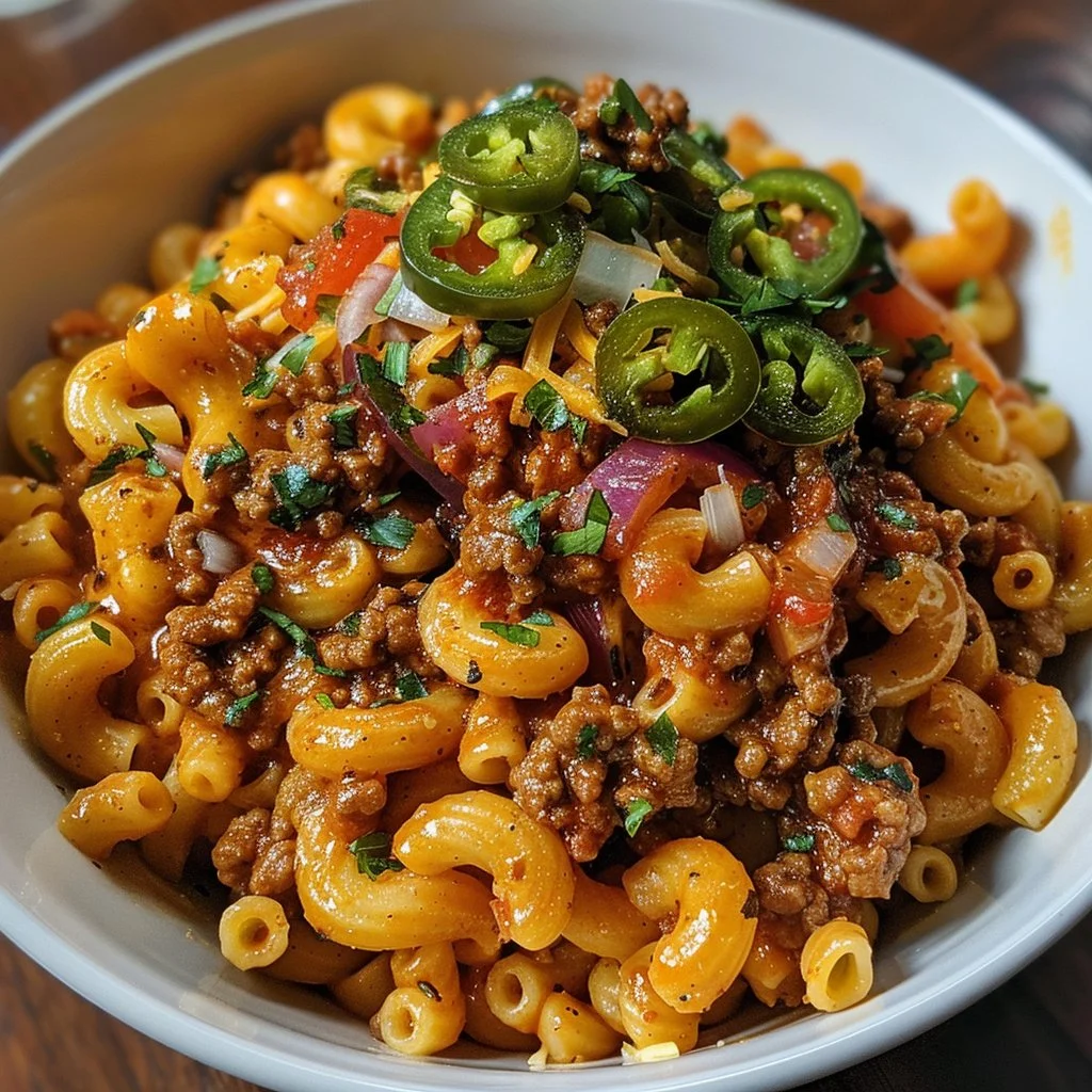 Spicy chili mac with jalapeños and beef served in a bowl