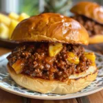 Delicious Hawaiian Sloppy Joes with pineapple and beef served on a bun
