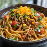 Delicious taco spaghetti with ground beef and salsa sauce served in a bowl