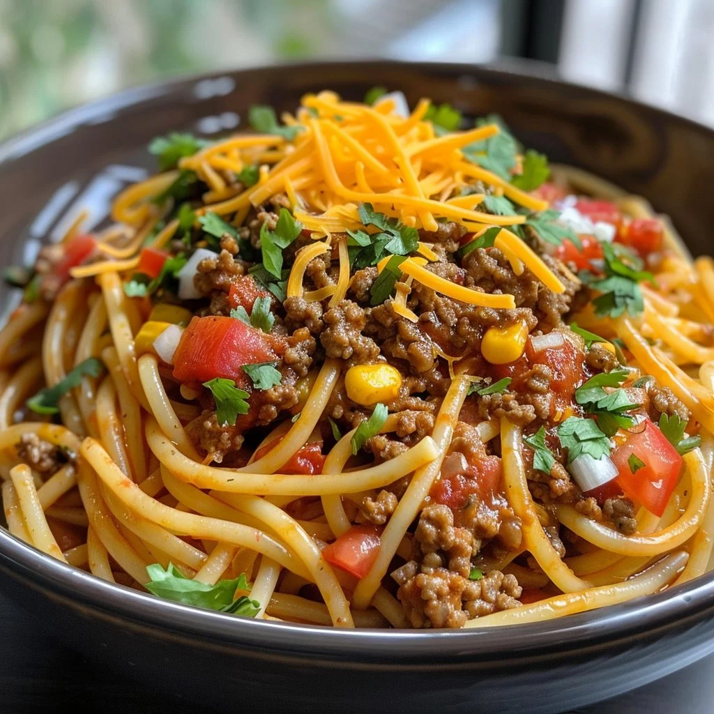 Taco Spaghetti with Ground Beef and Salsa Sauce