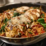 Tuscan Chicken Orzo dish garnished with herbs and vegetables.