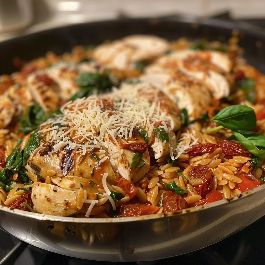 Tuscan Chicken Orzo dish garnished with herbs and vegetables.