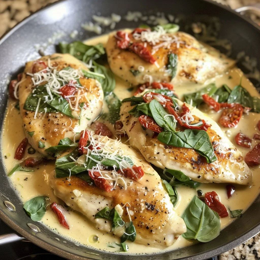 Delicious Tuscan chicken skillet with vibrant veggies and herbs.