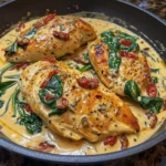 Delicious Tuscan Chicken with spinach and sun-dried tomatoes served on a plate
