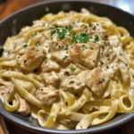 Delicious ultra creamy slow cooker garlic chicken alfredo dish served in a bowl.